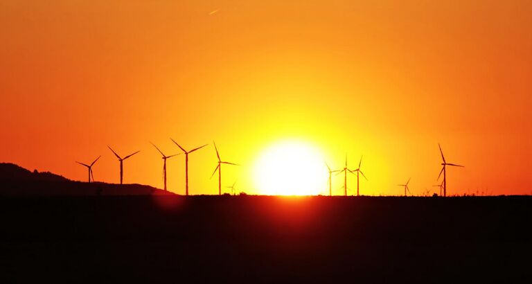 Vinmøller i solnedgang
